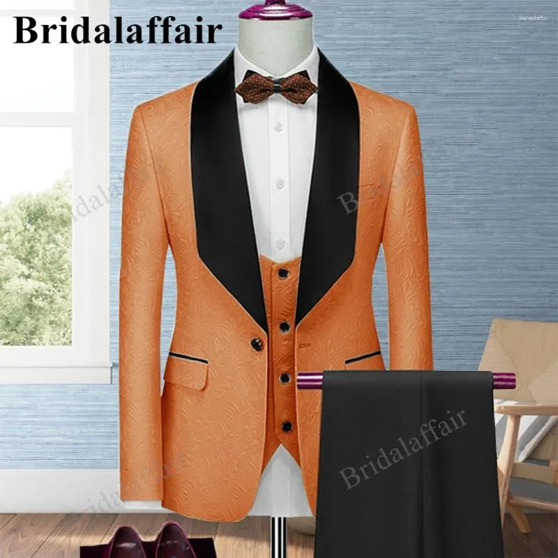 Ternos masculinos Bridalaffair Laranja Pansy Masculino Slim Fit Xale Lapela Casamento Smoking 3 Peças Conjuntos Feito Sob Medida Traje de Negócios Homme