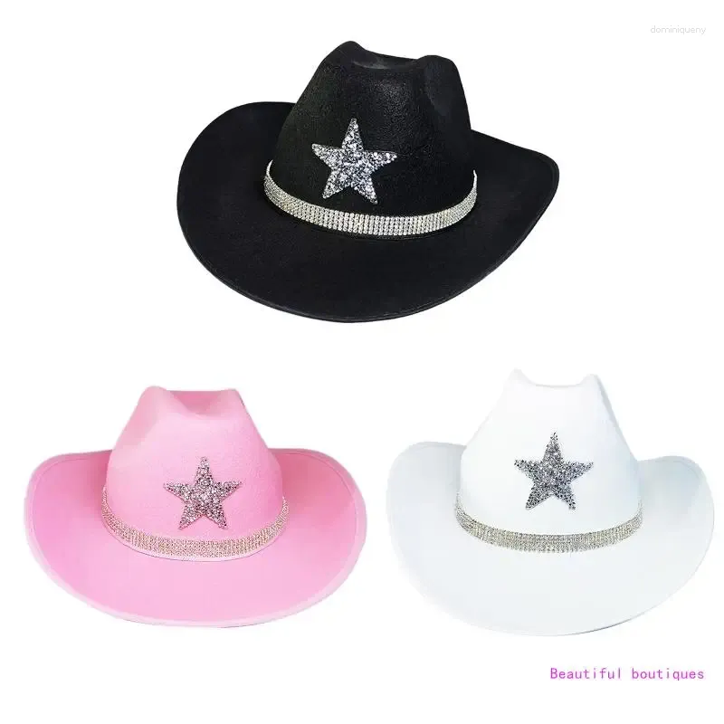 Berets à prova de sol para strass estrela fedora chapéu cowboy com borda de rolo ocidental h dropship