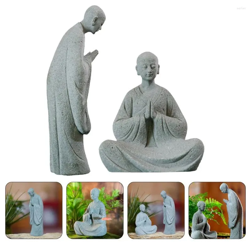 Decoraciones de jardín 2 PCS Estatua Micro Paisaje Buda Adorno Mesa de té Piedra Monje Escultura