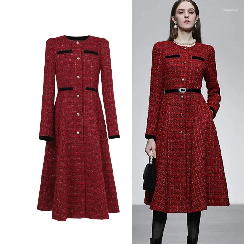 Casual Kleider Hohe Qualität Retro Rot Tweed A-linie Kleid Frauen Herbst Winter Elegante OL Arbeit Dame Vestidos De noche Juveniles