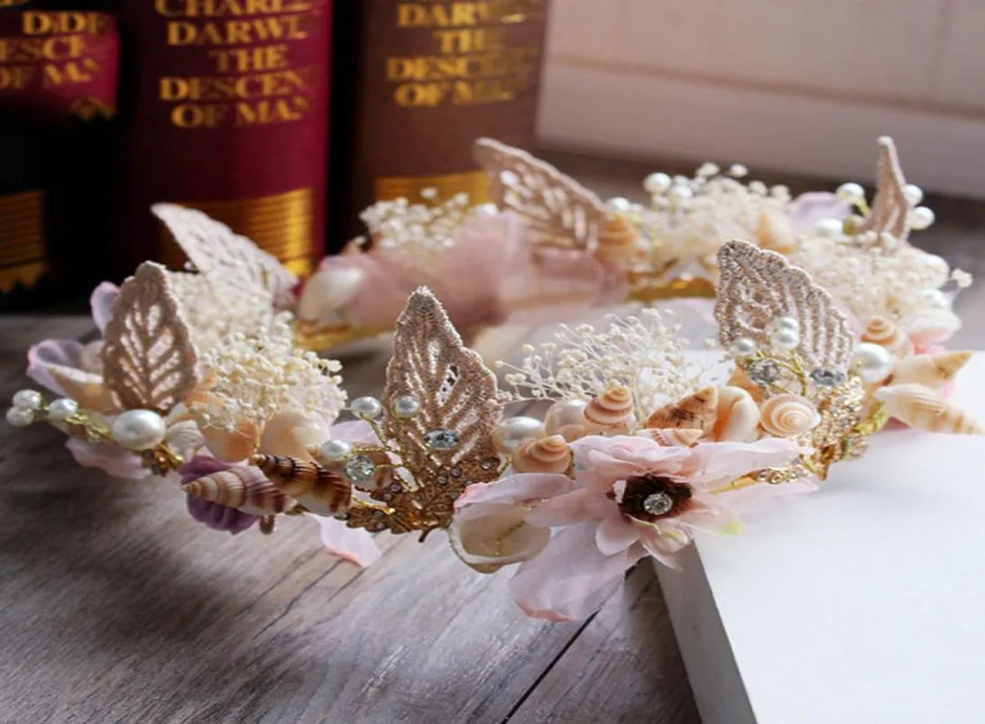 DIY aşk romantik kabuk saç asma düğün yaprağı inci saç aksesuarları lüks çiçek kristal gelin taç pembe rhinestone tiaras fo8714638