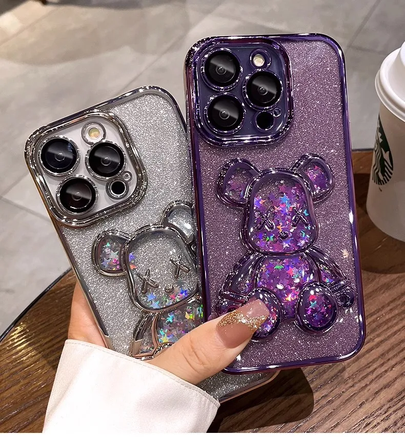 Cute Bear Soft TPU Quicksand Case na iPhone 11 12 13 14 15 Pro Max 15Plus iPhone15 Brichowy proszek Blingbling Dame Lady Case Cover na iPhone15