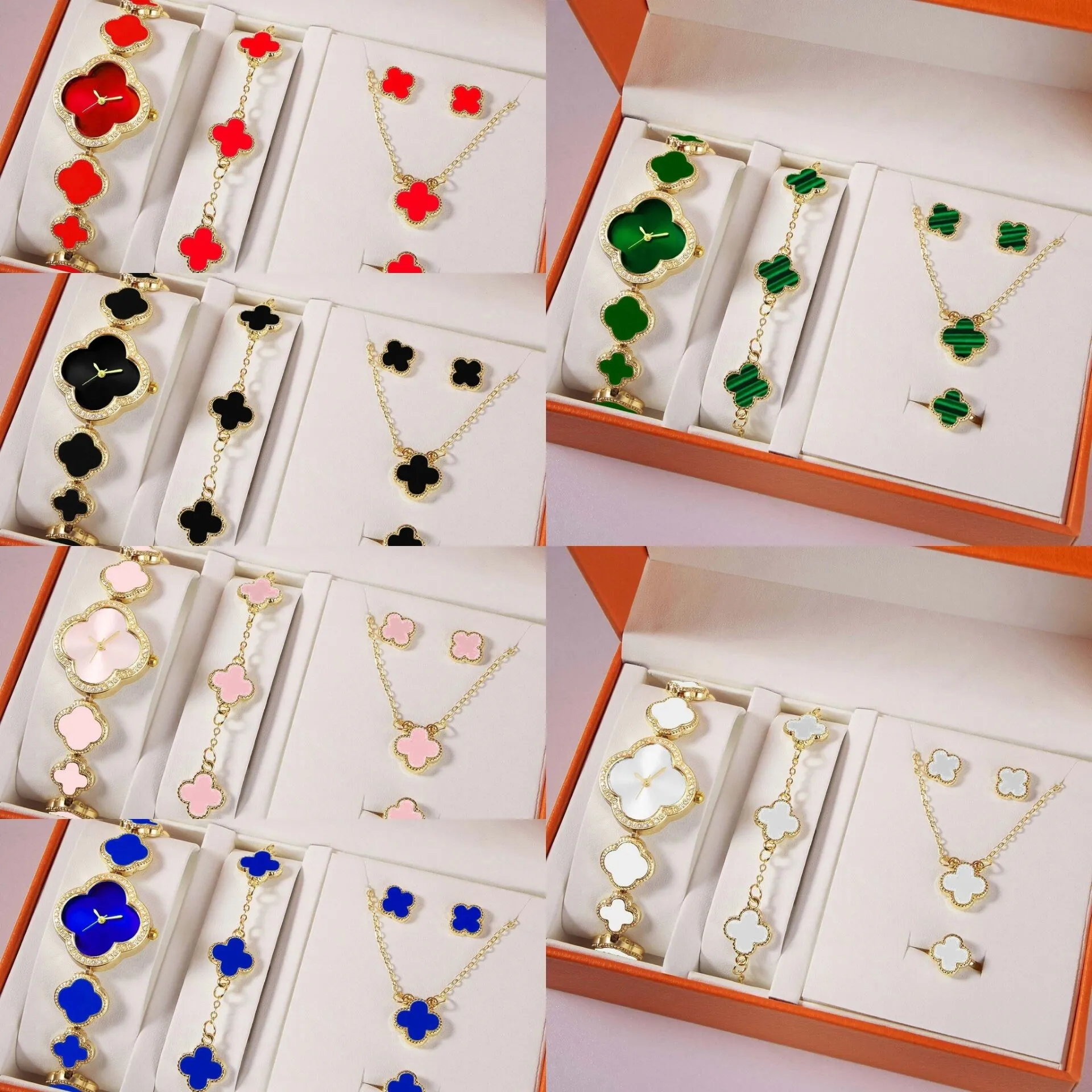 6color 4 Four Leaf Clover Luxury Designer Jewelry Sets Shell Brass Copper Women vans Bracelet Earrings Necklace Watch Birthday Gift for women girlfriend Red