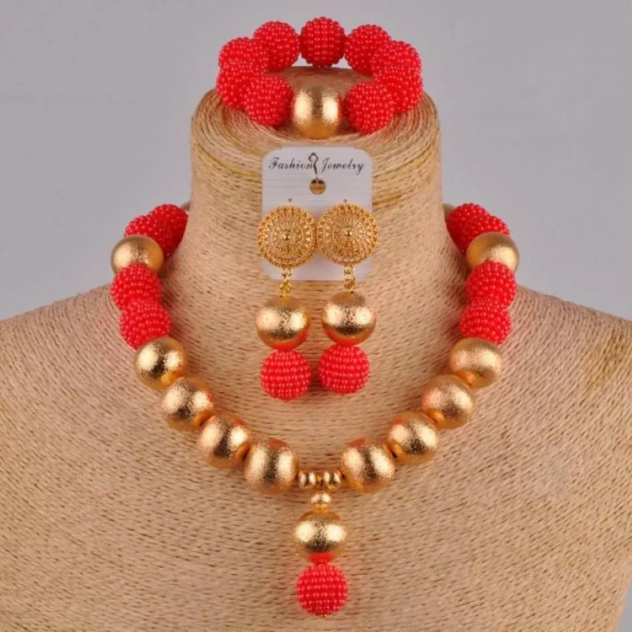 Boucles d'oreilles collier rouge mode africaine à la main perlée Nigeria ensemble de bijoux de mariage Imitation perle femme boucle d'oreille Bracelet XX-29309M