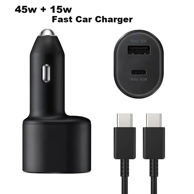 OEM 2 in 1 45w + 15w Fast Car Charger Adapter super fast charging Pd Usb Type C Port Auto 1m 3FT cable data line for Samsung Galaxy S23 S22 5g S21 Note 20 10 with box
