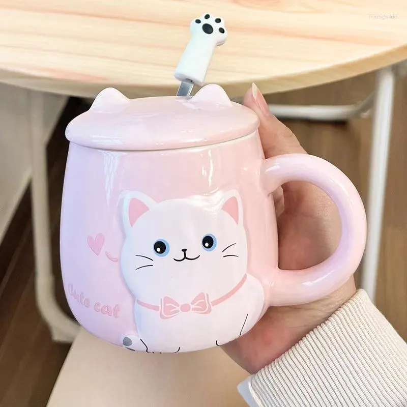 Muggar Cartoon Cat Ceramic Cup lock och Spoons Office Water Cups Söta julklappar