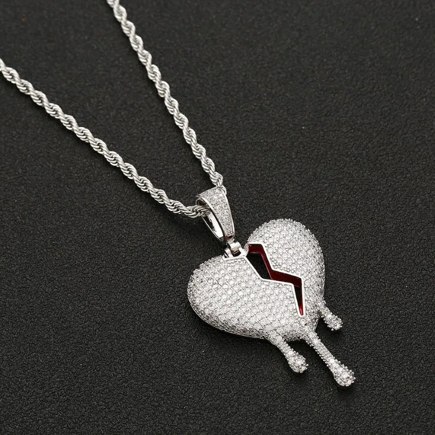 Collier pendentif goutte à goutte d'huile rouge Bro coeurs avec chaîne en corde couleur or argent Zircon cubique hommes femmes Hip hop bijoux 249c