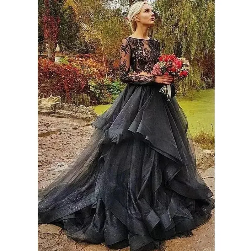Long Sleeve Black Lace Dress Vintage Tiered Lace Wedding Dress Two-Piece  Bridal Gown with Lace-Up Back from Dhgate A-Line Wedding Dresses - price  288.93