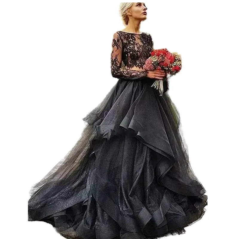 Long Sleeve Black Lace Dress Vintage Tiered Lace Wedding Dress Two-Piece  Bridal Gown with Lace-Up Back from Dhgate A-Line Wedding Dresses - price  288.93