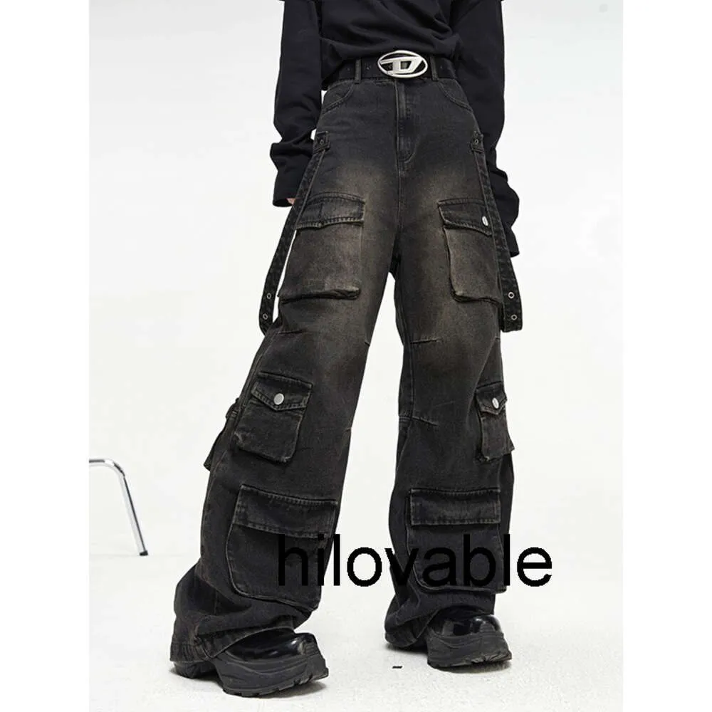 Mody Hilovable amerykański styl High Street Multi Kieszonkowy dżinsy nogi męskie męskie loose Street Hiphop Prosty nogawki Trend