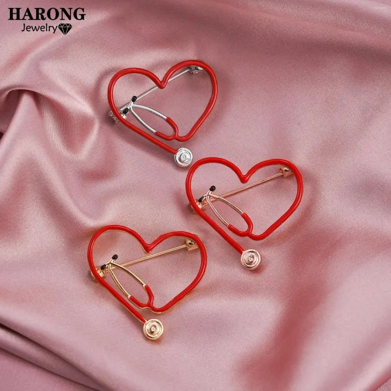 Brooches Harong Red Stethoscope Lapel Pins Brooch Doctor Medical Equipment Jewelry Heart Shaped Badge Internist Student Accessories
