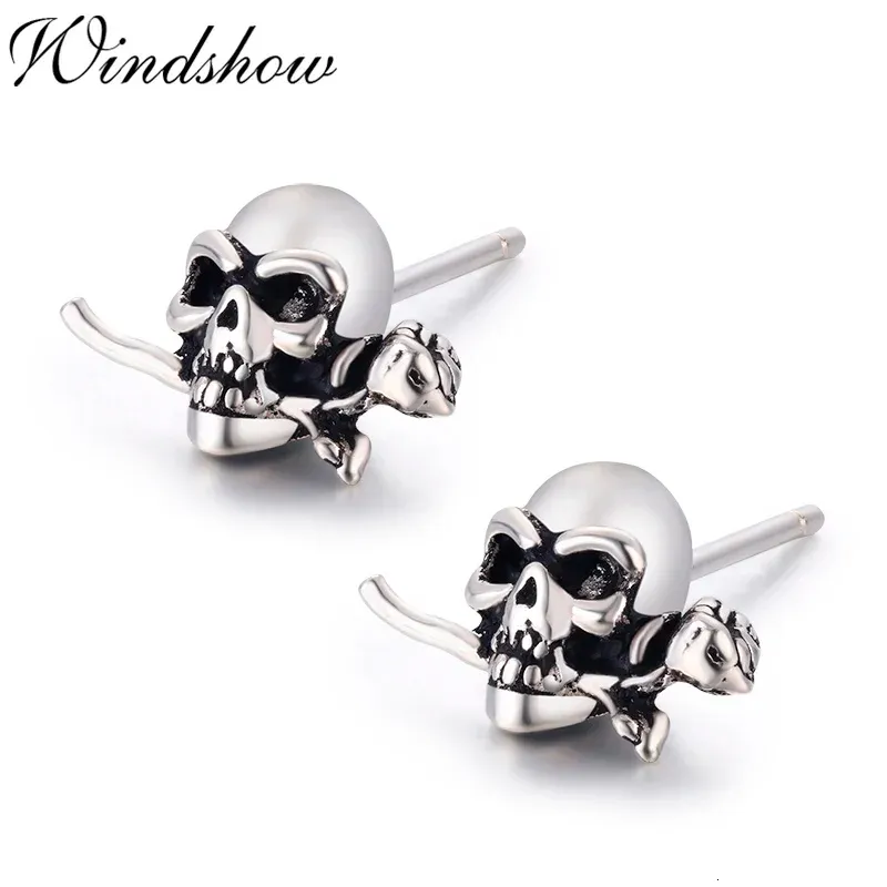 Charm Vintage Schedel en Roos Bloem Zwart 925 Sterling Zilver Stud Oorbellen Voor Vrouwen Meisjes Heren Sieraden Orecchini Aros Aretes Punk