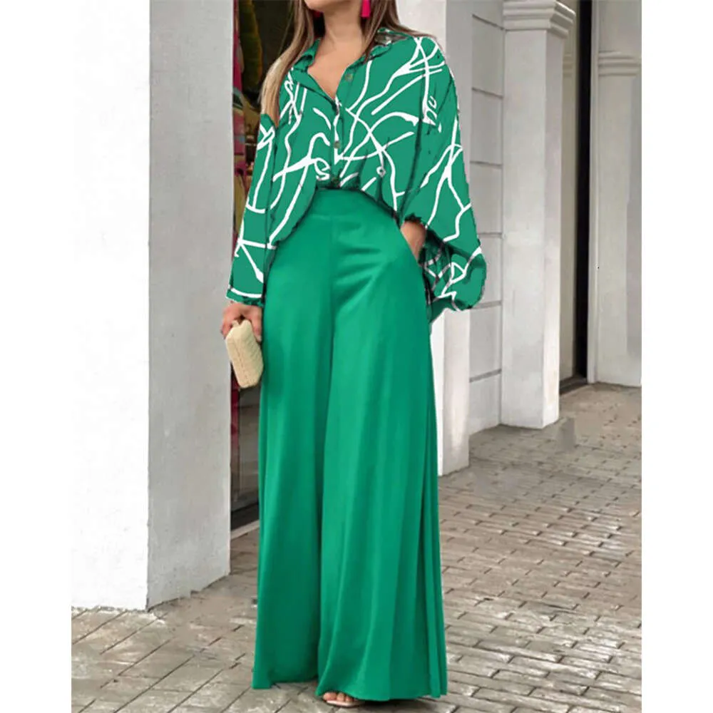 Women's New 2023 Printed Casual Set, Loose Oversized Lapel Shirt, High Waisted Wide Leg Pants, Two-piece Set