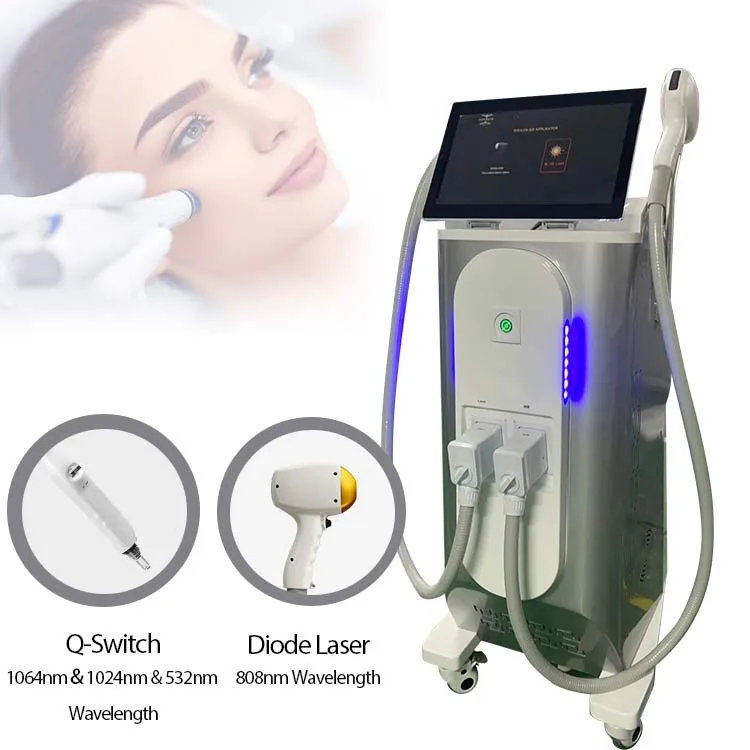 Fonctions tout-en-un Q switch Diode Ice laser épilation pico commuté nd yag détatouage peau de carbone traitements de la peau machine d'élimination de la pigmentation