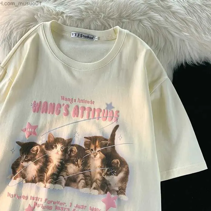 Herr t-shirts ren bomull sommar 2023 söt katt kortärmad t-shirt kvinnlig japansk retro söt halvärmad student topp ins y2k topp t shirtl2402