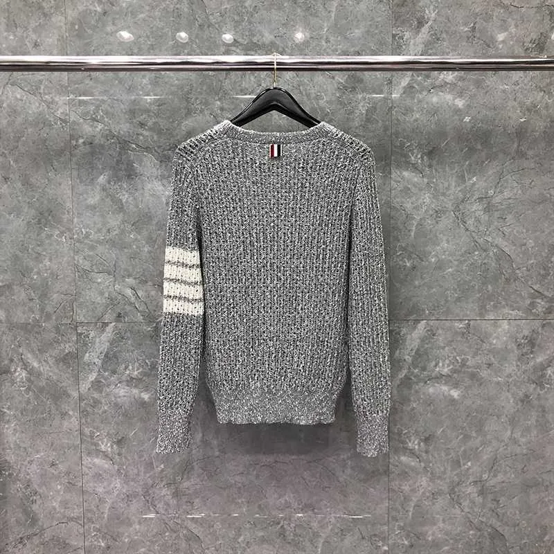 TB Thom Sweater Autumn Winter Fashion Brand Grey Wool Boucle Cable Slim Pullovers 4-Bar Stripe Stitch 0-Neck Sweater Coat Weq9