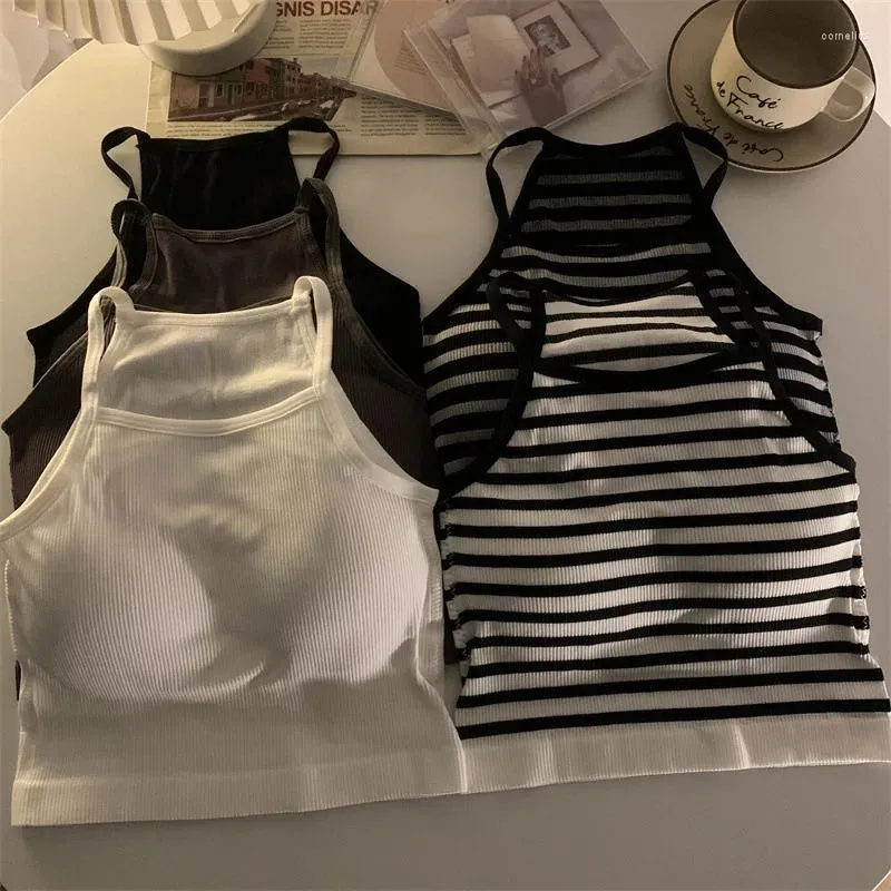 Women's Tanks Women Tank Tops Thread Solid Casual Fashion Crop Top With Chest Pad Korean Version Stripe Sleeveless Outer Wear Basic Camisole