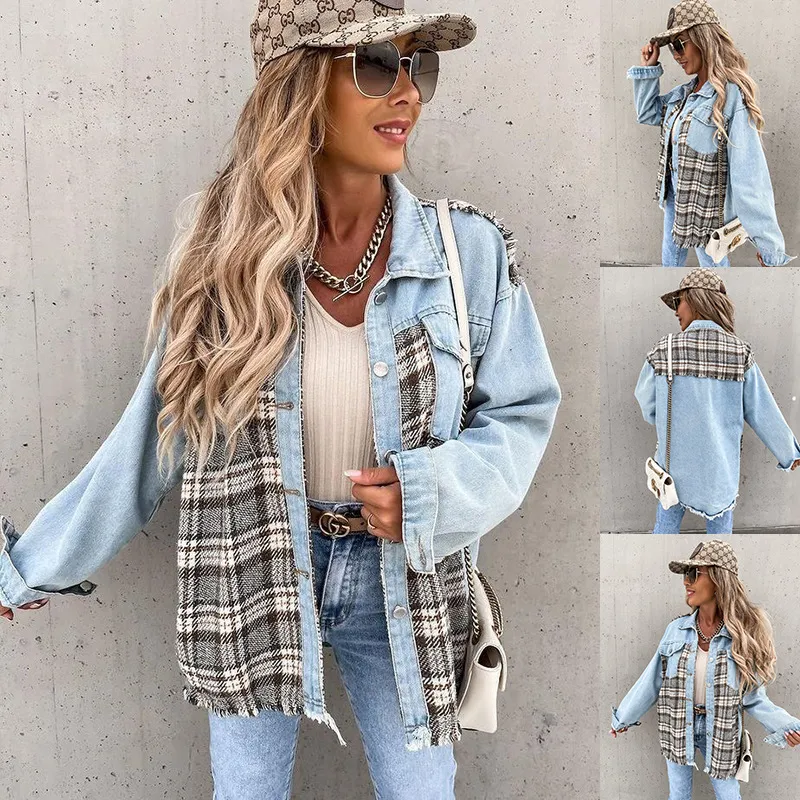 Karierte Denim-Jacke mit Knopfleiste für Damen, Übergröße, übergroße Jeansjacken, Reverskragen, Cardigan-Oberteile, lässiger, vorne offener, klobiger, langärmliger Mantel mit Pattentasche