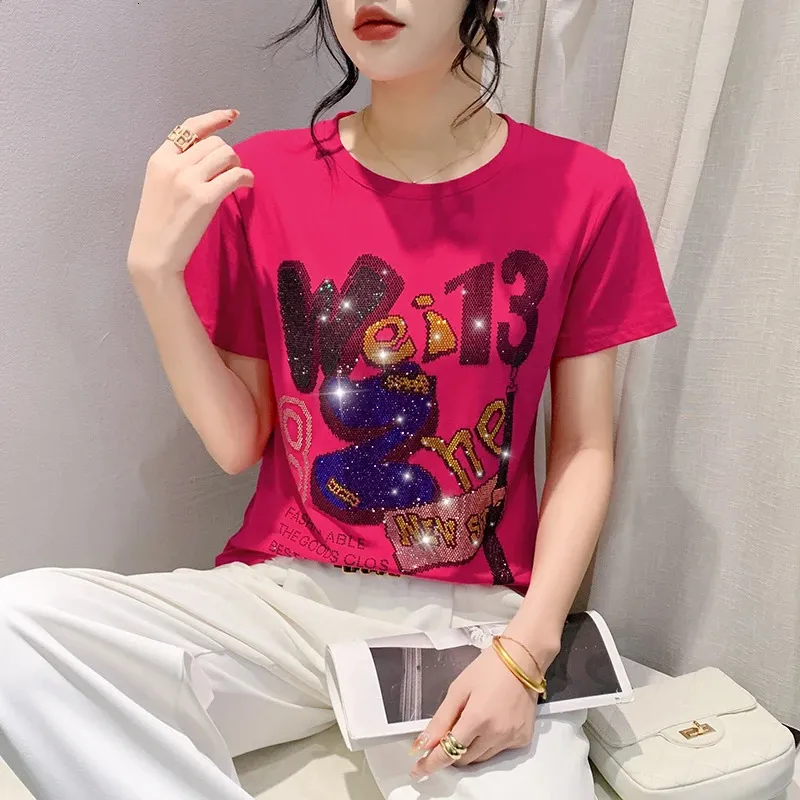 2024 New Summer Korean Clothing T-shirt Fashion Sexy O-Neck Shining Diamond Letter Womens Top Short Sleeve Handmade T-shirt 41102 240226