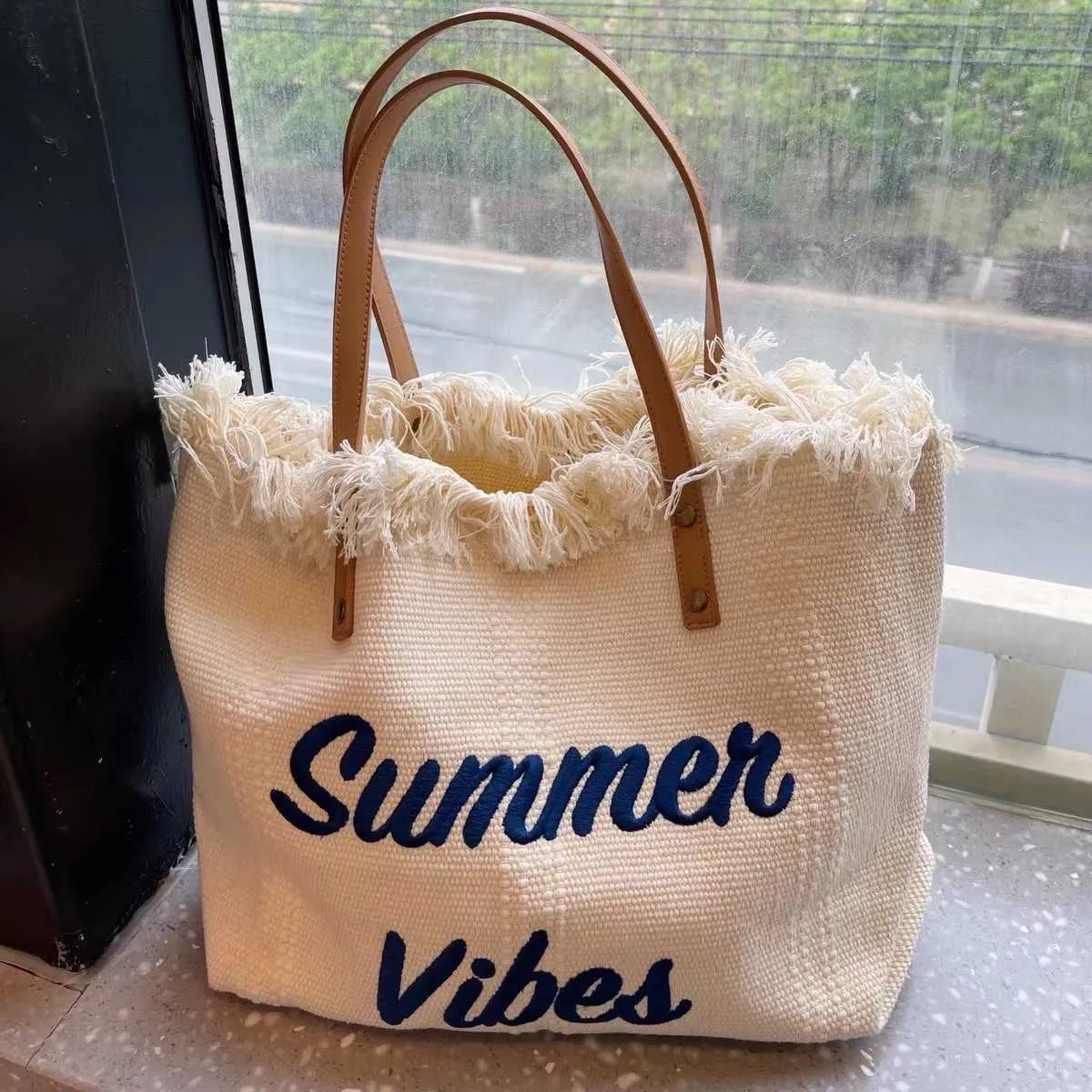 Bag, Large Capacity Canvas Bag, Embroidered Letter Tote Bag, Handbag, Women's Bag, Woven Beach Bag, Shoulder Bag Bags 240215