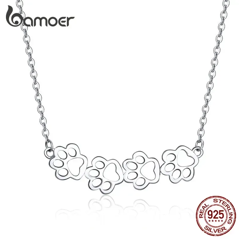 Halsketten Bamoer Hund und Katzenpfote Silber Choker Halskette für Frauen 925 Sterling Silber Cat Haustier Fußabdruck Short Neckalces Accessoires SCN346