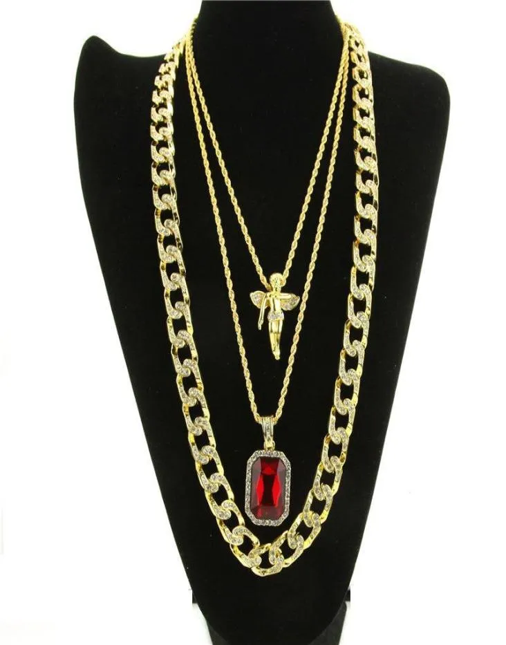 Micro Angel Red Stone Cuban Link Chain 3 Halsband Set Gold Plated Necklace Jewelry Hip Hop Halsband för män KVA18393418523