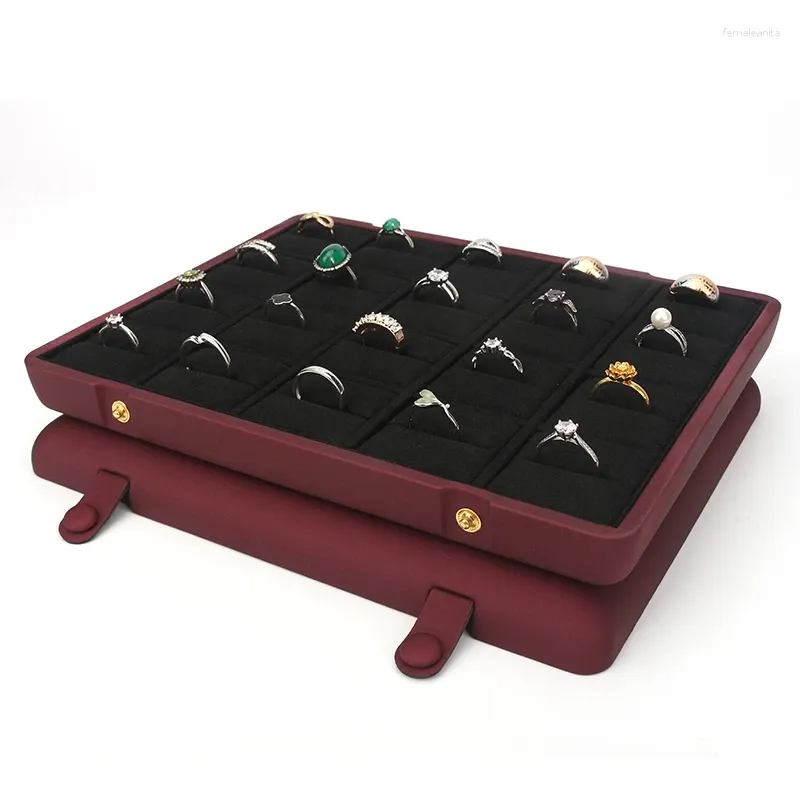 Jewelry Pouches Red PU Leather Concealed Button Ring Pendant Display Tray Built-in 20 Cells Card Slot For Women Fashion Accessories