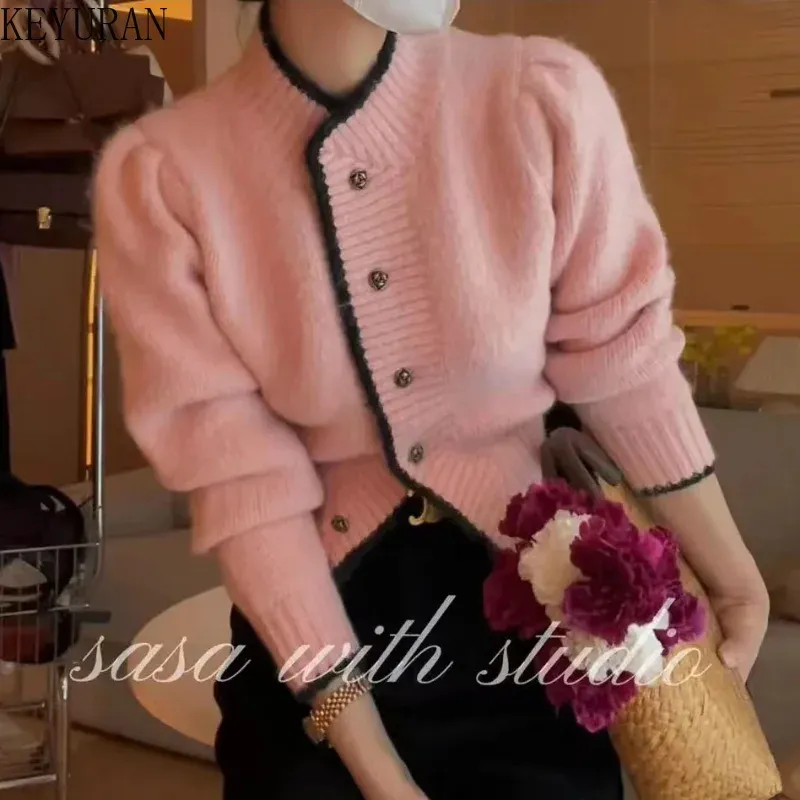 Cardigan Maglione cardigan lavorato a maglia con colletto alla coreana rosa Donna Primavera Autunno New coreano Chic monopetto manica a sbuffo cappotto corto top per ragazze