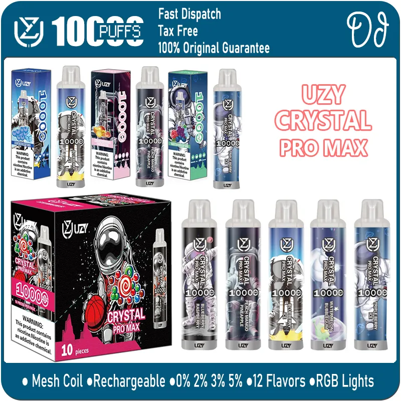 Uzy Crystal Pro Max 10000 Puffs Do jednorazowy Vape Pen Pen Cewka do ładowania Pciągającego 10K E Zestaw papierosów 0% 2% 3% 5% Vaper 12 Smaki LED LIDE