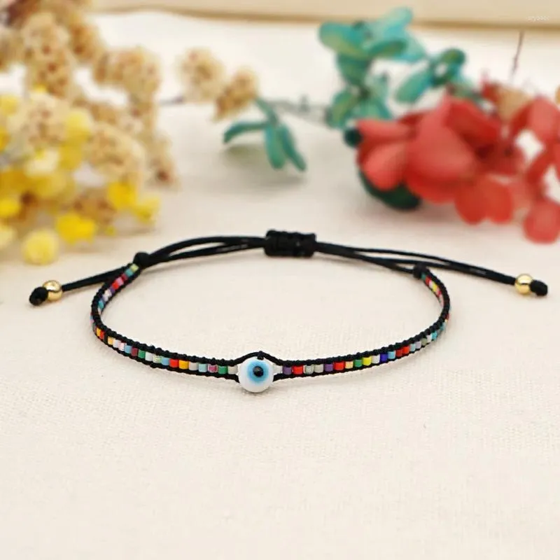 Braccialetti a maglie Miyuki Perline di riso Bracciale piccolo fatto a mano in stile etnico con perline Occhio del diavolo turco Gioielli blu da donna