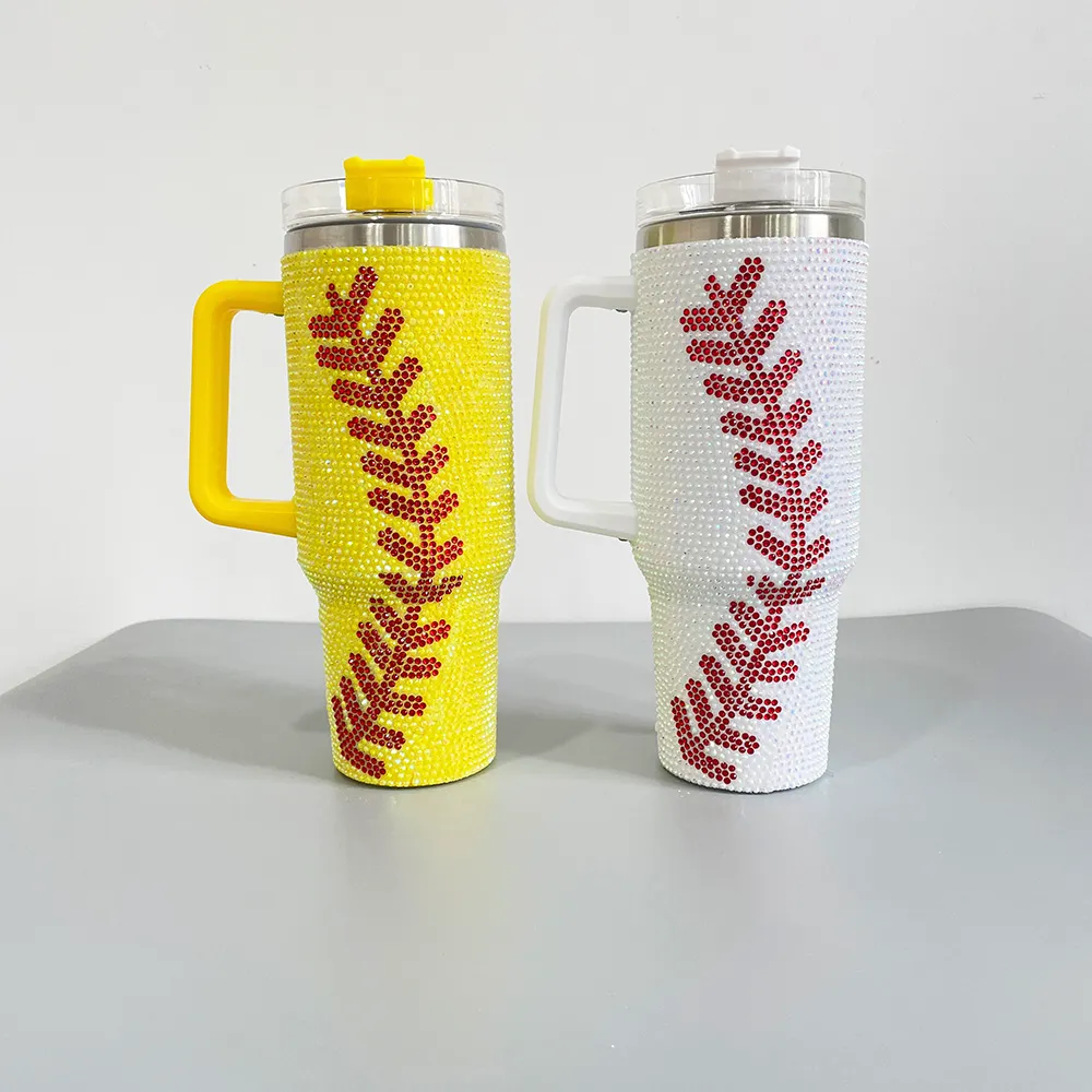 White yellow baseball print rhinestone bling full wrap studded 40oz vacuum insulated Stainless Steel Coffee tumbler with handle lid and straw