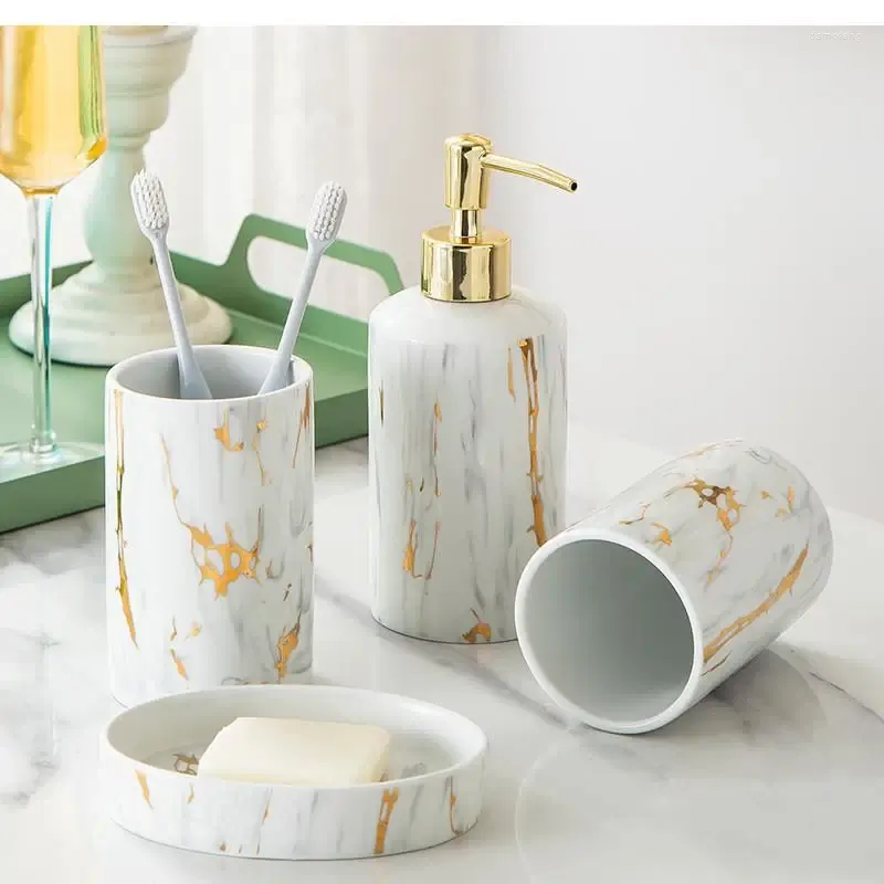 Badtillbehör Set Nordic Marble Phnom Penh Badrumstillbehör toalettartikel Ceramic Lotion Bottle Soap Dish Mouth Wath Cup Home Storage Melamine