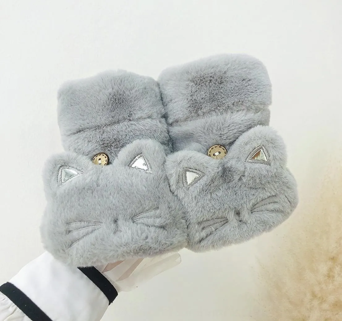 UJtj korean cat cover autumn winter lovely student plush thickening warm and mittens and cold proof plush open fingered gloves glo3084839