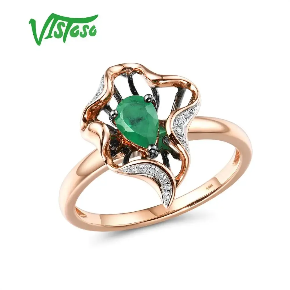 Rings Vistoso Gold Rings for Women Genuine 14k 585 Rose Gold Ring Magic Emerald Sparkling Diamond Engagement Anniversary Fine Jewelry
