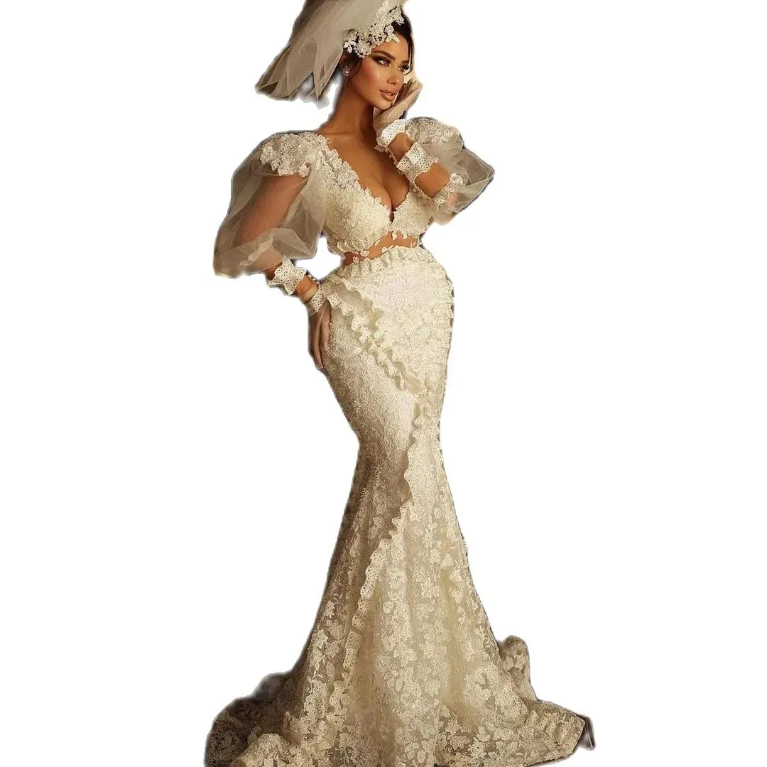 Zarif fildişi denizkızı gelinlik illüzyon fener kolu gelin elbisesi özel yapımı moda dantel