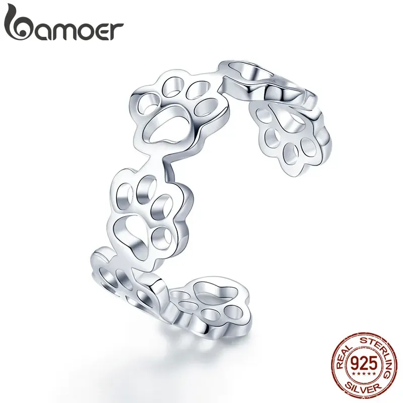 Ringar Bamoer Sterling Sier Justerbar katt- och hundavtryck Pet Paw Trail Rings for Women Party Sier Jewelry SCR424