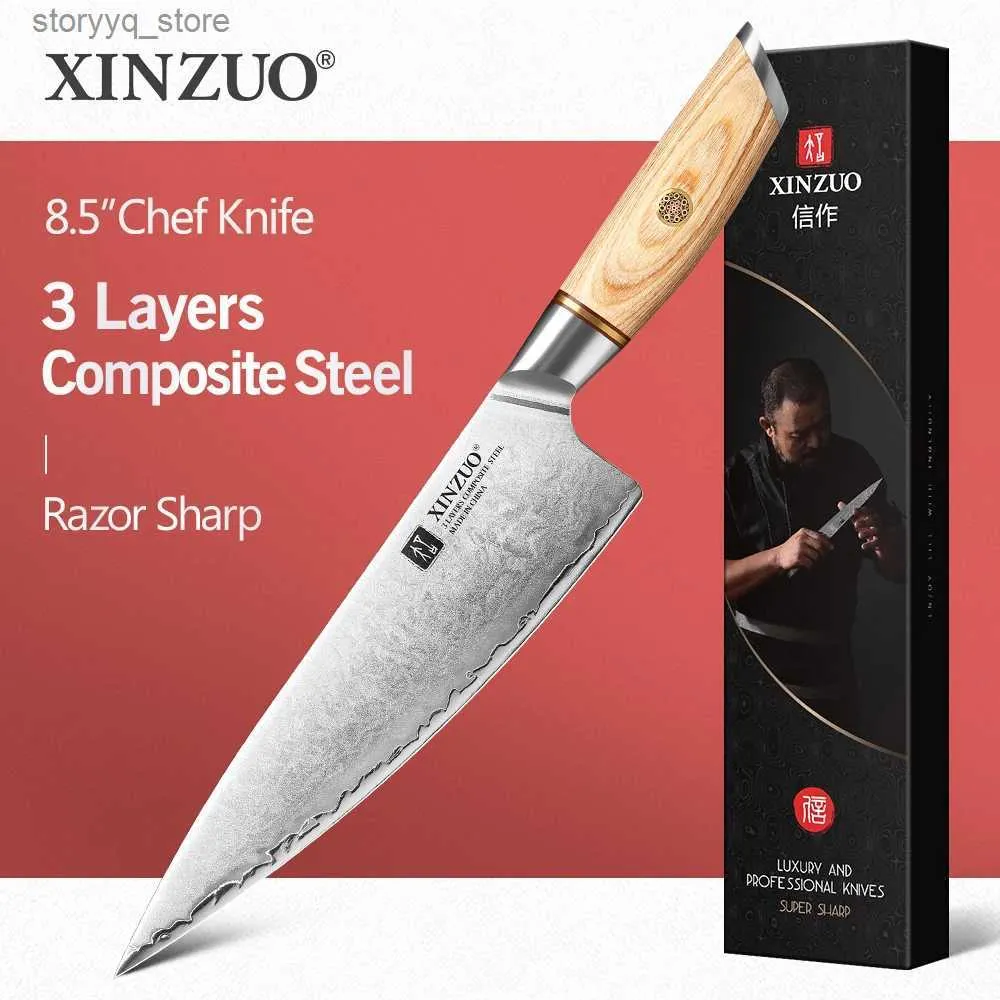 Couteaux de cuisine XINZUO 8,5 pouces couteau de chef manche en bois de Pakka de style japonais couteaux Gyutou couteaux de cuisine couteau de boucher en acier composite à 3 couches Q240226