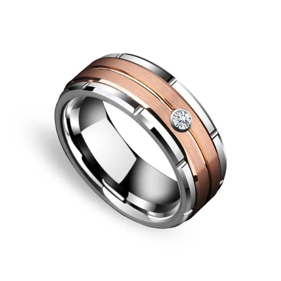 Wedding Rings Selling 8mm Tungsten Band For Couples Rose-Gold Plating Brushed Finishing With White Cubic Zirconia Stone 6-13Weddin2141