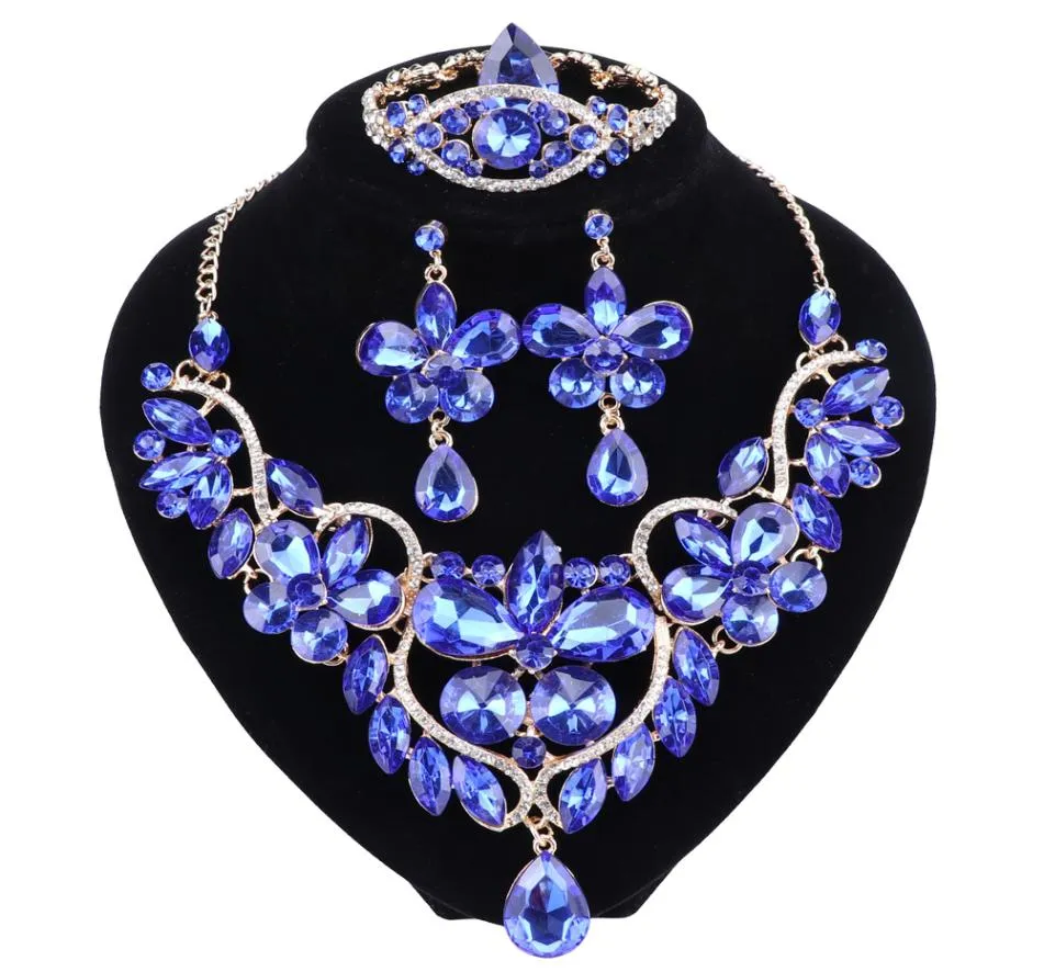 The New Blue Crystal Rhinestone Flower Necklace Earrings Set for Women Wedding Luxury Bridal Jewelry sets2281960