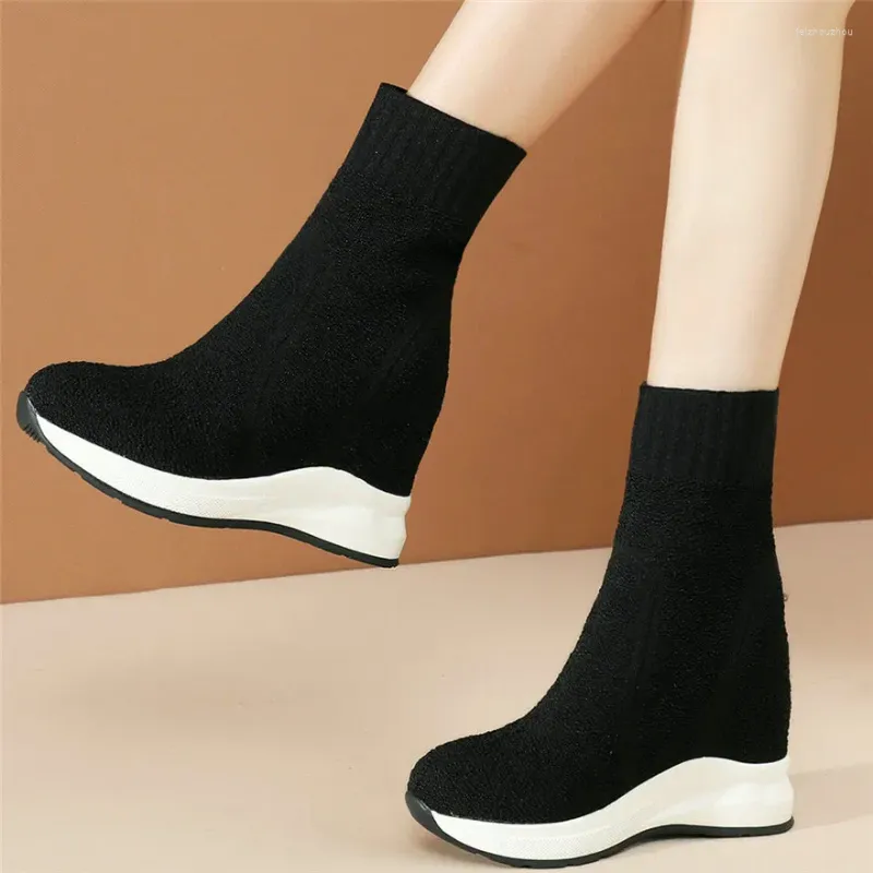 Sapatos de vestido casuais mulheres respirável tricô cunhas plataforma de salto alto bombas femininas dedo do pé redondo moda tênis top formadores