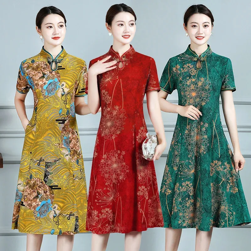 Elegant Summer Chinese Cheongsam Women Modified Dress Vintage Floral Printed Mandarin Collar Female Qipao 240220