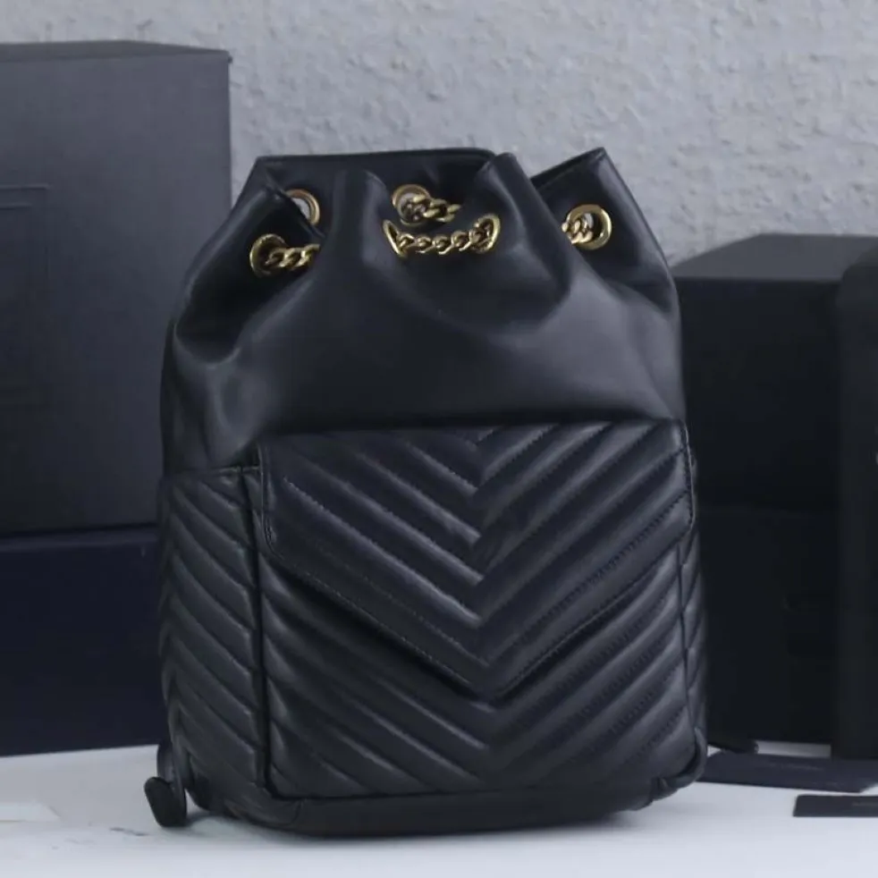 Corrente joe mochila feminina pacote de volta em forma de v acolchoado couro genuíno grande capacidade bolso preto sacos de ombro bolsa tote bag251f