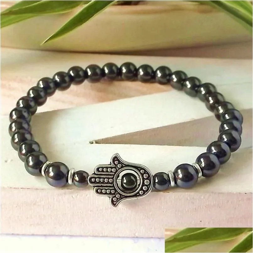 Con cuentas Sn0302 Pulsera de piedra de moda Hamsa Hematite Mans Heavy Bacelet Mano Regalo de Navidad para hombres 328S Drop Delivery Jewelry Pulsera Otpun