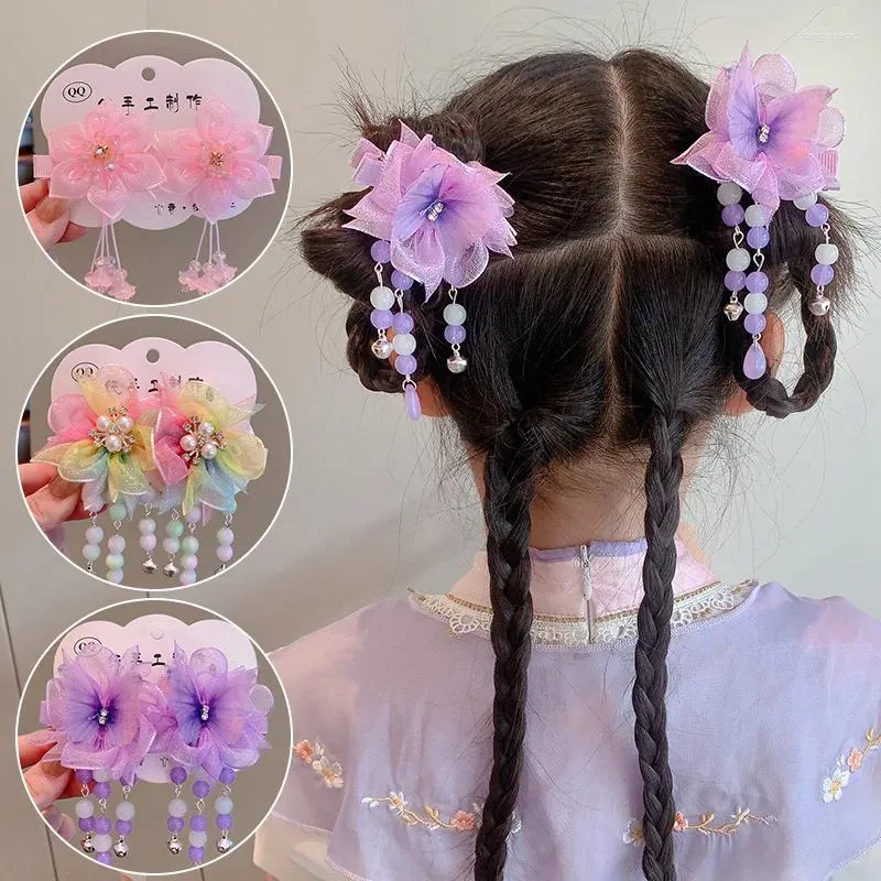 Hair Accessories 1 Pair Organza Flower Butterfly Bow Bead Tassel Pin Clip Headwear Chinese Hanfu Cosplay Hairpins For Girls