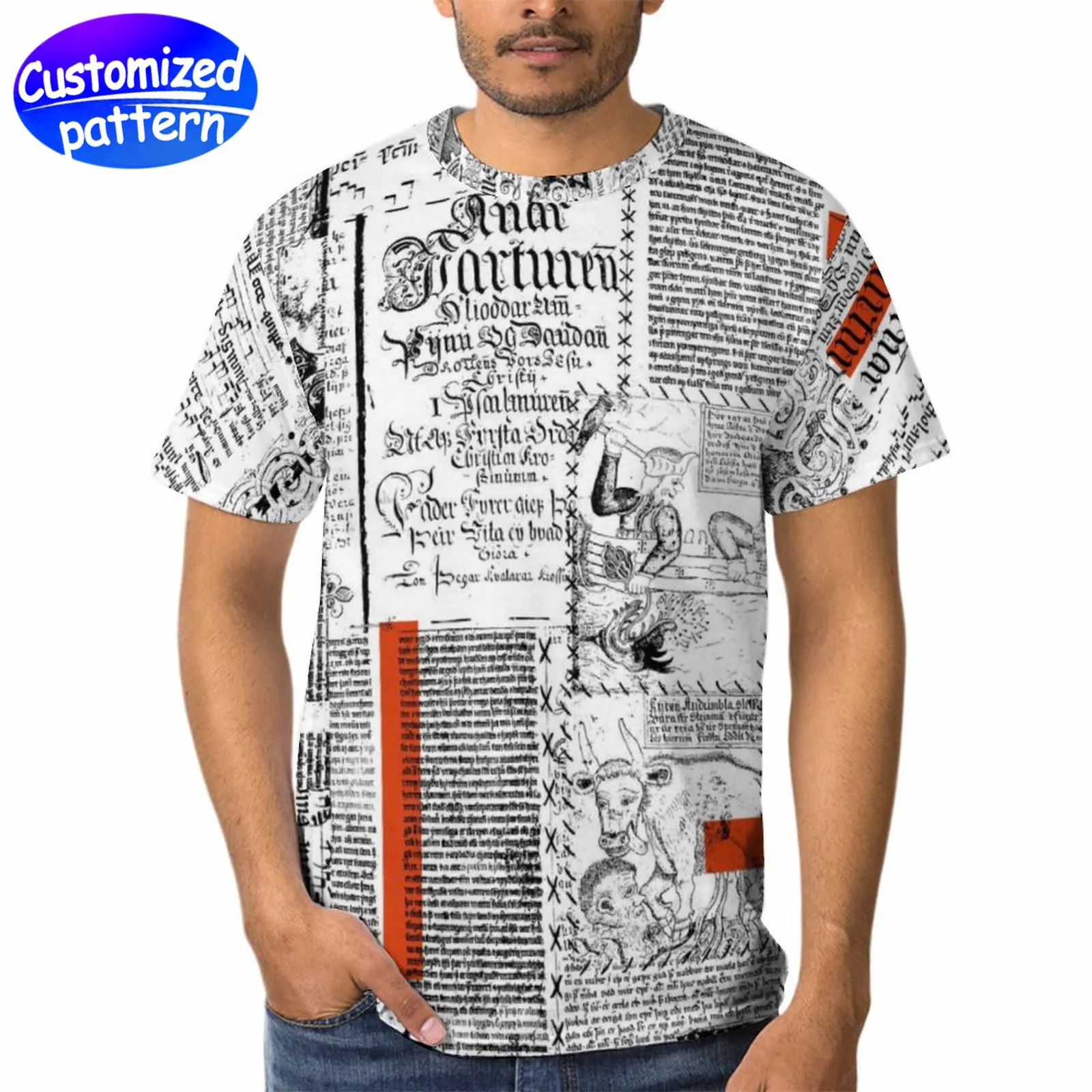 Benutzerdefiniertes Volldruck-T-Shirt für Erwachsene, Herren und Damen, atmungsaktiv, Schweißabsorption, doppelt gefaltete Manschetten, schrumpft nicht, verformt sich nicht, Polyester, Retro, 202 g, Farbkontrast