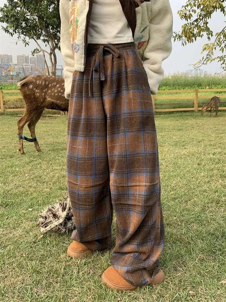 レディースパンツQWEEK Y2Kビンテージブラウン格子縞の女性HARAJUKU RETRO 90S WIDE LEG CHECKED EXHESSIMED韓国のファッションスウェットパンツ