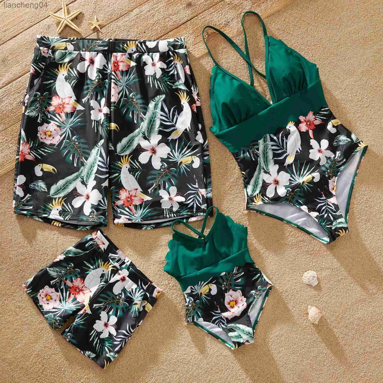 Bijpassende outfits voor gezinnen Pa Nieuwe zomer Familielook Diepe V-hals Bloemenprint Stiksels Effen Bijpassende badpakken uit één stuk