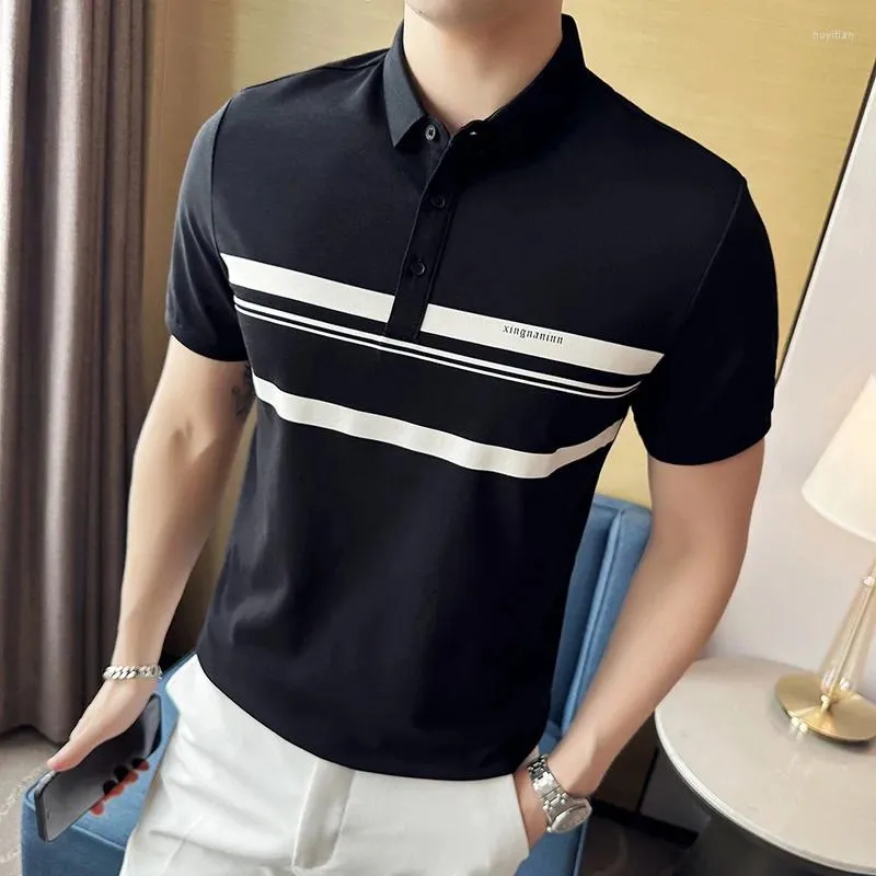 Polos męski British British Plus Size 4xl-M Summer Business Formalne noszenie w paski koszule polo dla mężczyzn odzież 2024 Slim Fit Casual Office Topstees