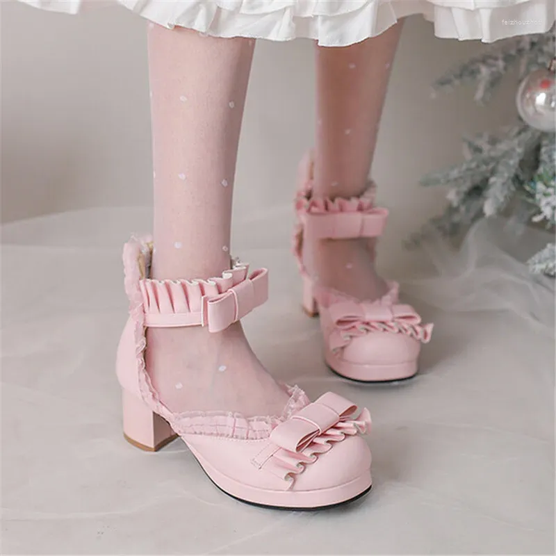 Модельные туфли PXELENA, милые японские женские туфли Мэри Джейн, лето 2024, сандалии в стиле Лолиты, туфли на среднем каблуке с оборками для девочек, белые, розовые, большие размеры