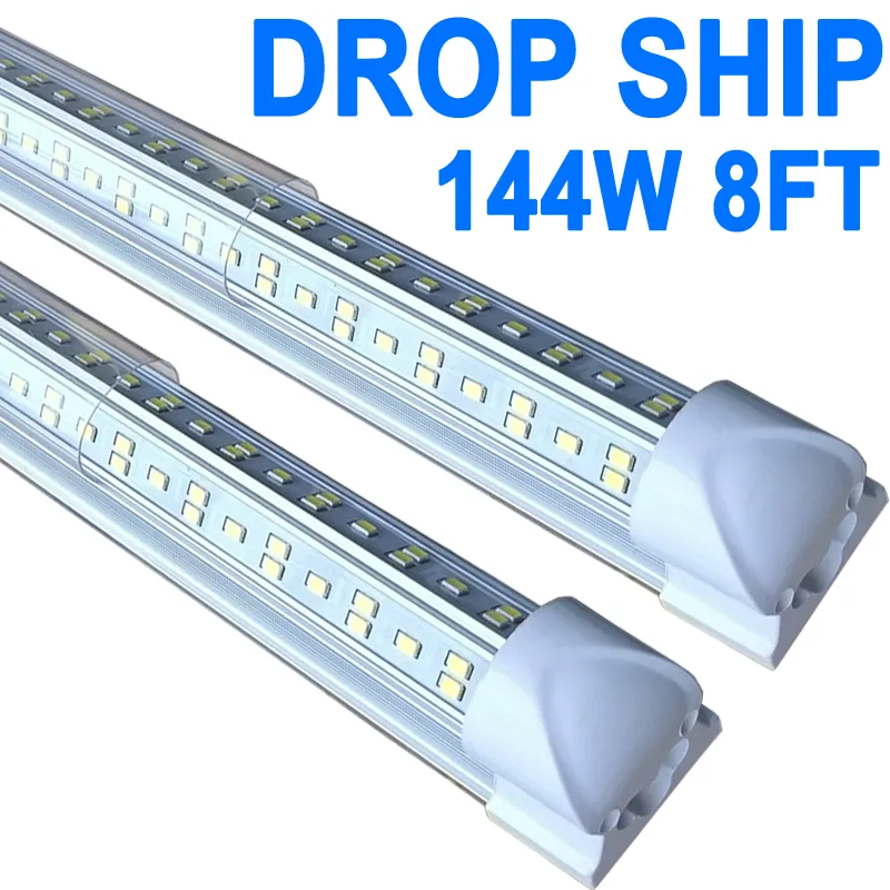 Tubo de luz LED integrado de 8 pies 144W T8 en forma de V 96" Cuatro filas 72000 lúmenes (equivalente a fluorescente de 300 W) Cubierta transparente Blanco súper brillante 6500K Luces LED para tiendas de 8 pies crestech